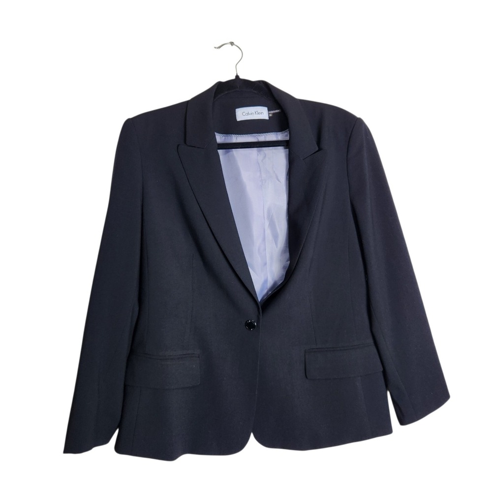 Calvin Klein Womens Black Single Button Blazer Jacket Size 14 Professional